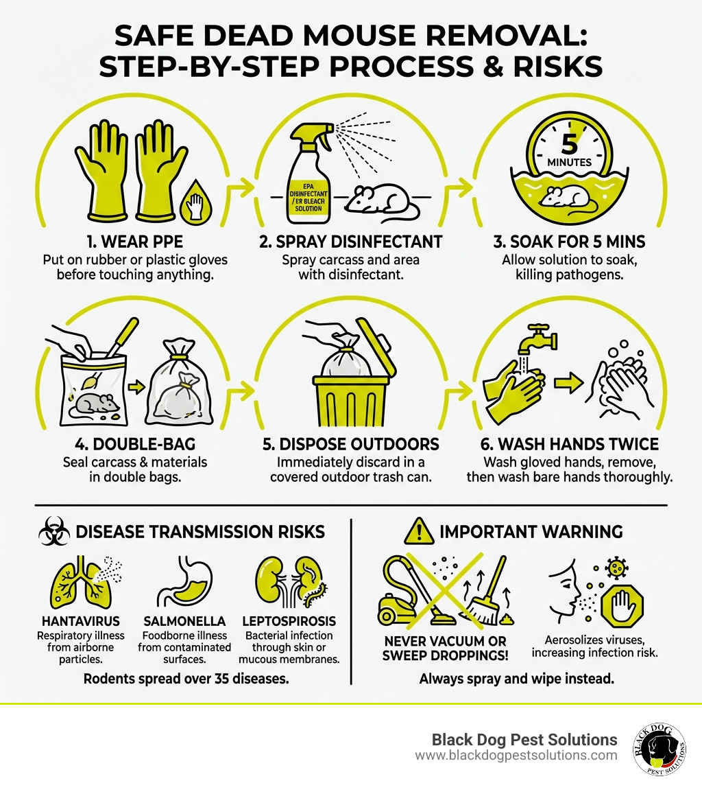 Infographic showing the step-by-step process for safe dead mouse removal, including wearing PPE (rubber gloves), spraying with EPA-registered disinfectant or 1:9 bleach solution, soaking for 5 minutes, double-bagging the carcass with nesting materials, disposing in covered outdoor trash, and washing hands twice (gloved then bare), with icons illustrating disease transmission risks from Hantavirus, salmonella, and leptospirosis, plus warnings against vacuuming droppings due to aerosolization of viruses - Dead mouse removal infographic Infographic showing the step-by-step process for safe dead mouse removal, including wearing PPE (rubber gloves), spraying with EPA-registered disinfectant or 1:9 bleach solution, soaking for 5 minutes, double-bagging the carcass with nesting materials, disposing in covered outdoor trash, and washing hands twice (gloved then bare), with icons illustrating disease transmission risks from Hantavirus, salmonella, and leptospirosis, plus warnings against vacuuming droppings due to aerosolization of viruses - Dead mouse removal infographic