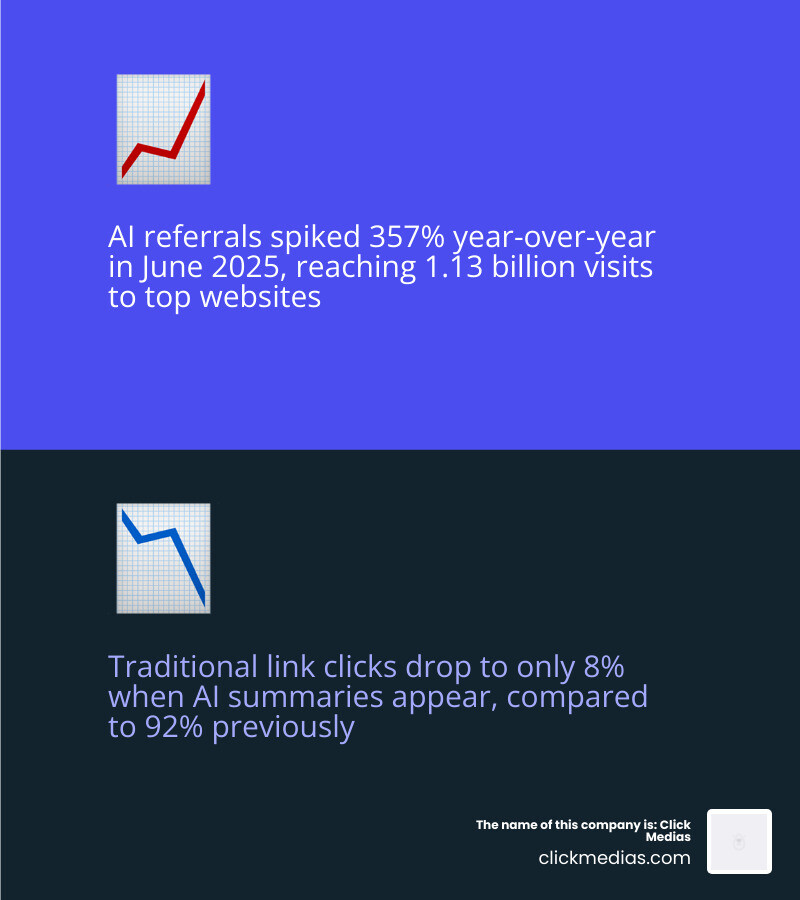 infographic showing the shift from traditional search with 10 blue links to AI-synthesized answers that cite 3-5 sources, highlighting key differences: traditional search ranks pages vs AI search selects content to quote, traditional focuses on keywords vs AI focuses on entities and topics, traditional drives clicks vs AI provides direct answers with occasional citations, and showing the 357% spike in AI referrals with declining click-through rates from 92% to 8% when AI summaries appear - ai search content strategy infographic 2_facts_emoji_blue