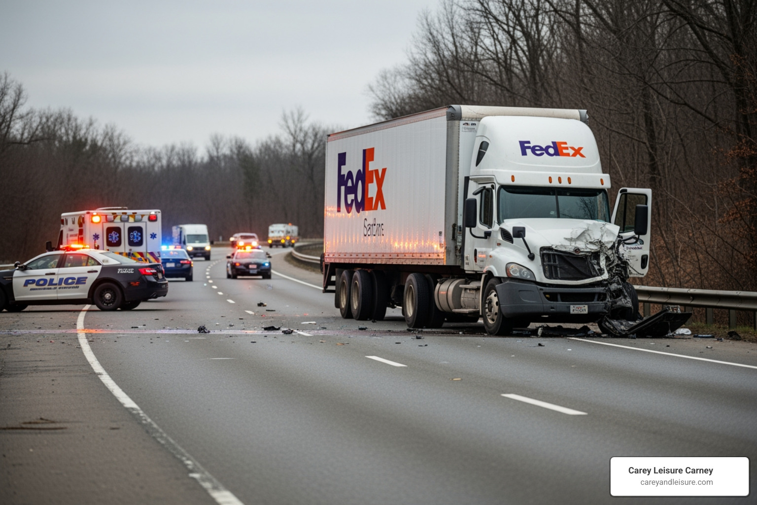 Emergency responders at a Pinellas County accident scene - fedex truck accident claims Emergency responders at a Pinellas County accident scene - fedex truck accident claims