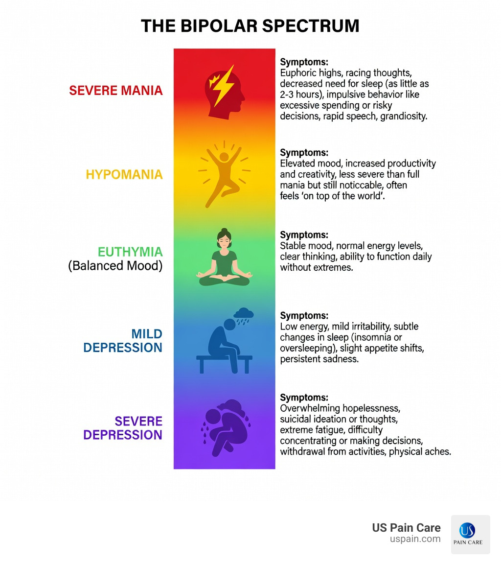 Infographic showing the bipolar spectrum from severe mania through hypomania and euthymia to mild and severe depression, with symptom descriptions at each level - manic depression infographic 