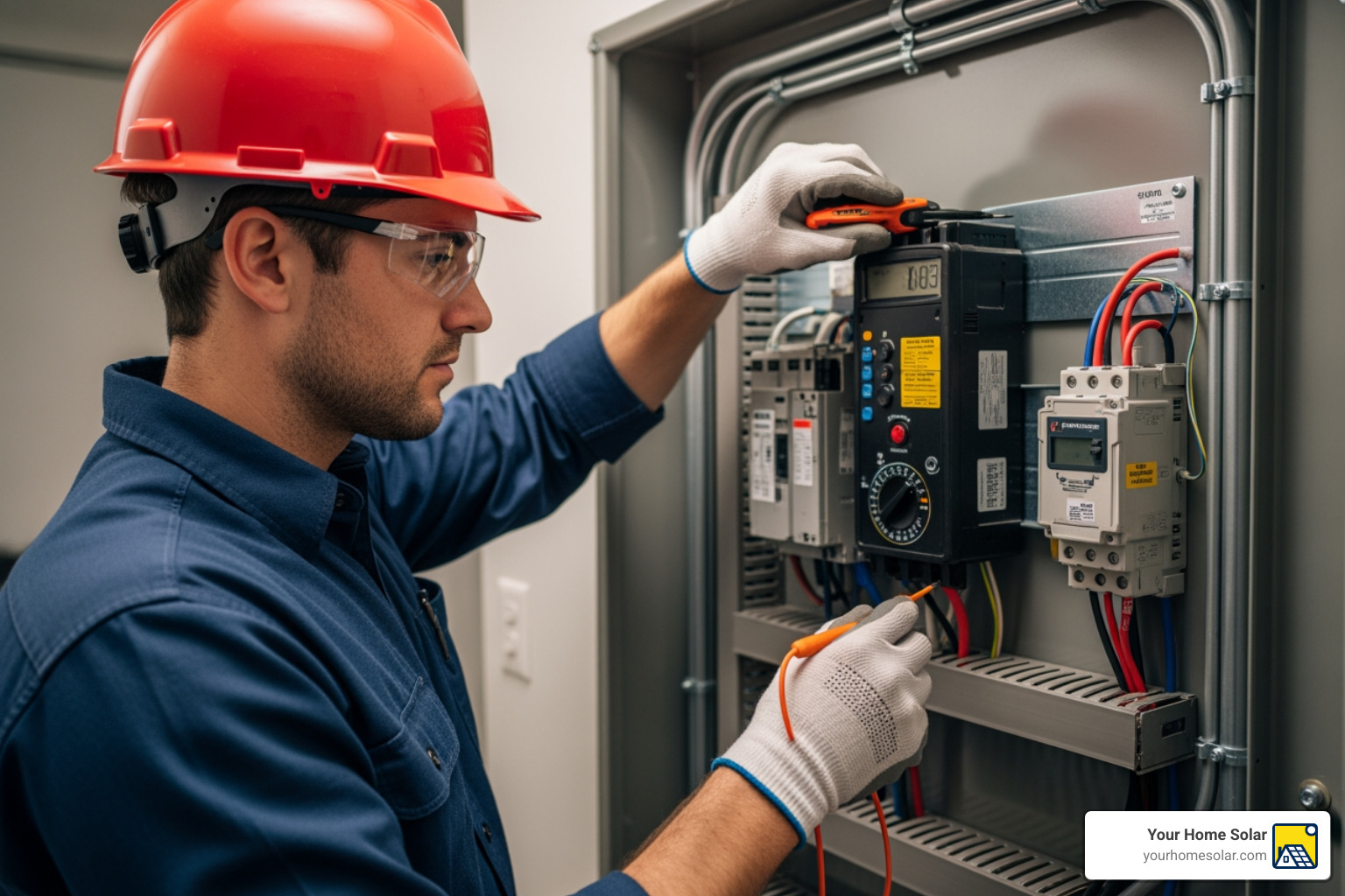 Licensed electrician inspecting a transfer switch and electrical panel during a generator installation - Local generator installer Licensed electrician inspecting a transfer switch and electrical panel during a generator installation - Local generator installer