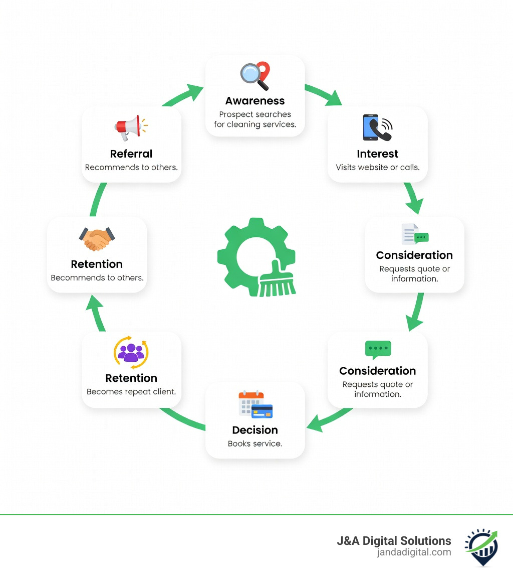 Infographic showing the cleaning lead generation lifecycle: Awareness (prospect searches for cleaning services) → Interest (visits website or calls) → Consideration (requests quote or information) → Decision (books service) → Retention (becomes repeat client) → Referral (recommends to others) - cleaning lead generation infographic Infographic showing the cleaning lead generation lifecycle: Awareness (prospect searches for cleaning services) → Interest (visits website or calls) → Consideration (requests quote or information) → Decision (books service) → Retention (becomes repeat client) → Referral (recommends to others) - cleaning lead generation infographic