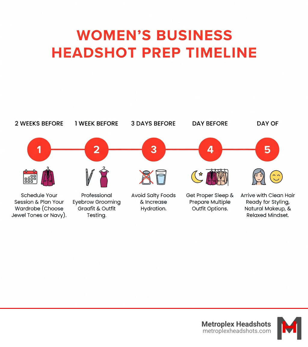 Infographic showing women business headshot preparation timeline: 2 weeks before - schedule session and plan wardrobe; 1 week before - professional eyebrow grooming and outfit testing; 3 days before - avoid salty foods and increase hydration; Day before - get proper sleep and prepare multiple outfit options; Day of - arrive with clean hair ready for styling, natural makeup, and relaxed mindset - women business headshots infographic 