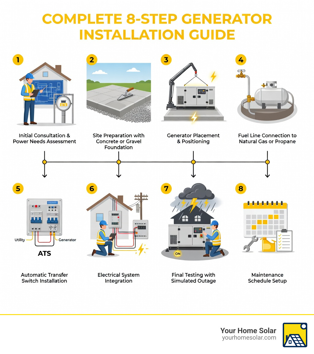 Infographic showing the complete generator installation process: 1) Initial consultation and power needs assessment, 2) Site preparation with concrete or gravel foundation, 3) Generator placement and positioning, 4) Fuel line connection to natural gas or propane, 5) Automatic transfer switch installation, 6) Electrical system integration, 7) Final testing with simulated outage, 8) Maintenance schedule setup - Local generator installer infographic Infographic showing the complete generator installation process: 1) Initial consultation and power needs assessment, 2) Site preparation with concrete or gravel foundation, 3) Generator placement and positioning, 4) Fuel line connection to natural gas or propane, 5) Automatic transfer switch installation, 6) Electrical system integration, 7) Final testing with simulated outage, 8) Maintenance schedule setup - Local generator installer infographic