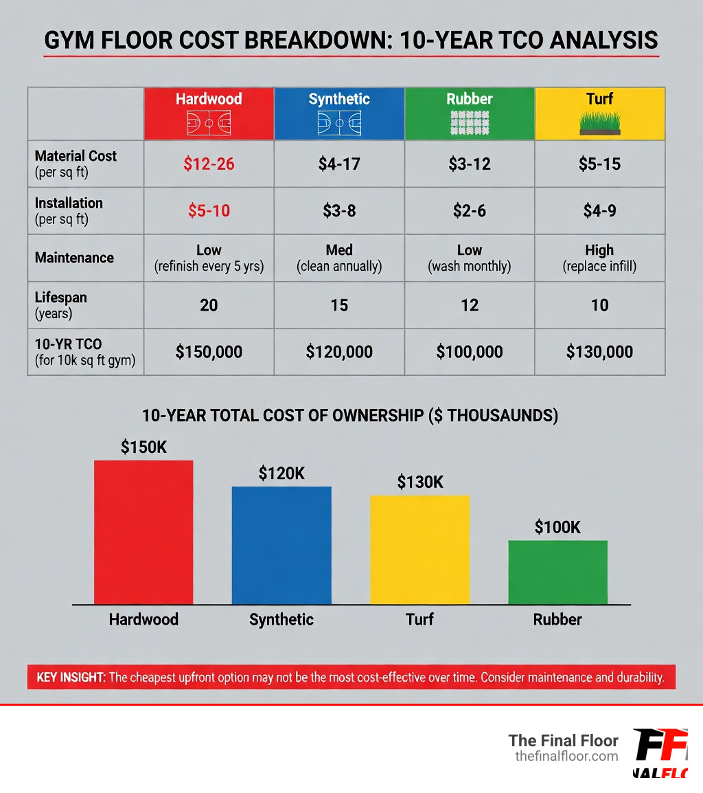 infographic showing gym floor cost breakdown by material type (hardwood, synthetic, rubber, turf) with installation costs, maintenance requirements, typical lifespan, and total cost of ownership over 10 years for each option - Gym floor cost infographic infographic showing gym floor cost breakdown by material type (hardwood, synthetic, rubber, turf) with installation costs, maintenance requirements, typical lifespan, and total cost of ownership over 10 years for each option - Gym floor cost infographic