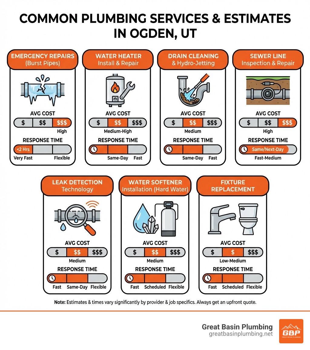infographic showing common plumbing services needed in Ogden UT including emergency repairs for burst pipes, water heater installation and repair, drain cleaning and hydro-jetting, sewer line inspection and repair, leak detection technology, water softener installation for hard water, and fixture replacement, with average costs and response times for each service - plumber in ogden ut infographic 