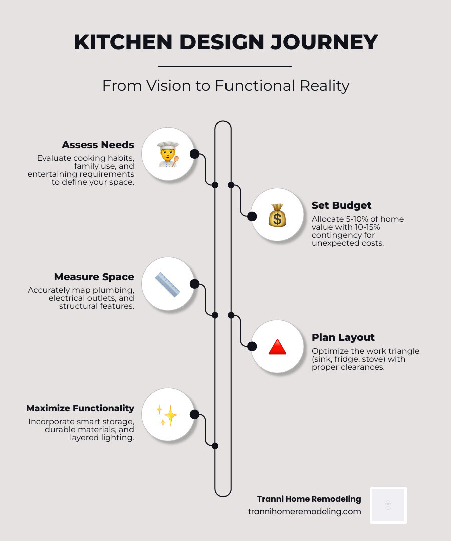 Infographic showing the kitchen design journey: 1) Assess needs and lifestyle, 2) Set budget and measure space, 3) Plan layout with work triangle, 4) Select materials and finishes, 5) Maximize storage solutions, 6) Design lighting layers, 7) Coordinate with professionals for installation - design a kitchen infographic infographic-line-5-steps-elegant_beige