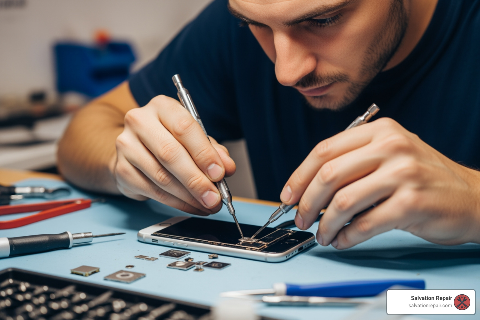 Technician using precision tools for iPhone repair - Quick iPhone screen repair