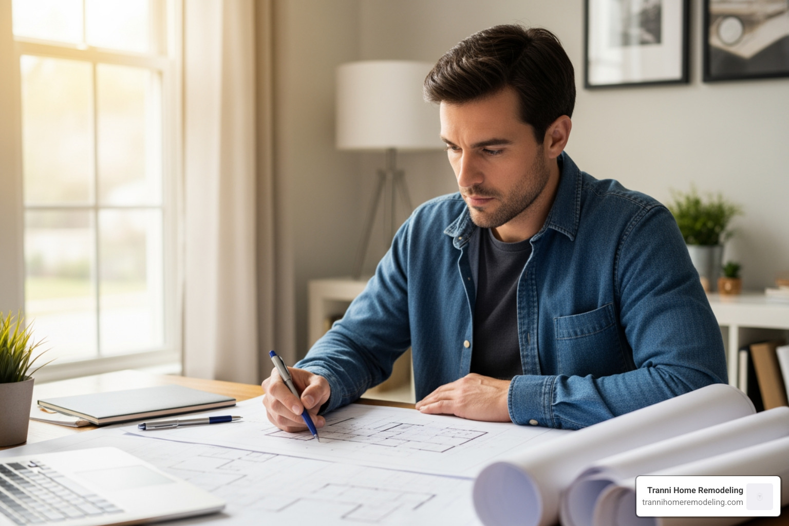 homeowner reviewing kitchen blueprints - design a kitchen