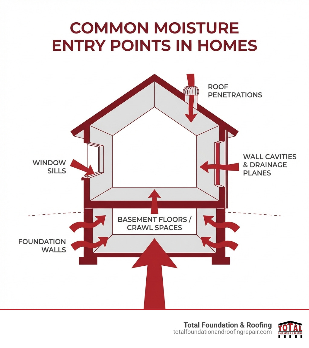infographic showing common moisture entry points in homes including foundation walls, crawl spaces, roof penetrations, window sills, basement floors, wall cavities, and drainage planes with arrows indicating water movement paths - moisture protection infographic 