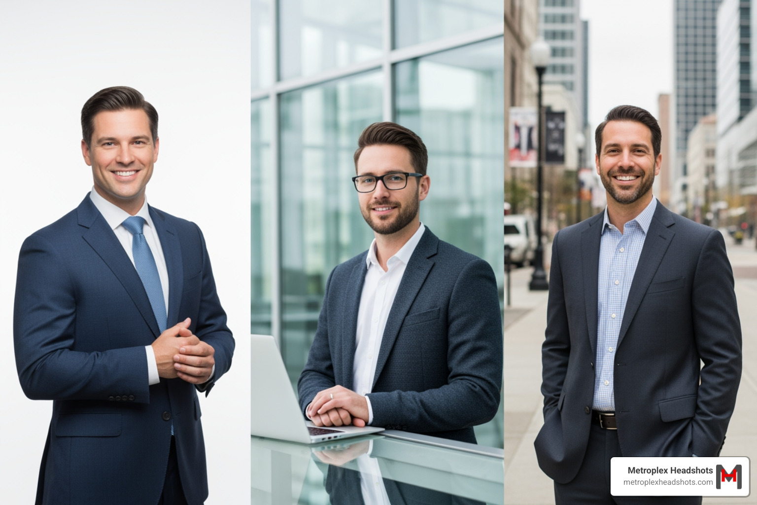A comparison showing three different background styles for mens professional headshots: a clean studio white background for corporate use, a blurred modern office environment for a tech-forward feel, and an urban outdoor setting in a DFW business district for an approachable, local vibe - mens professional headshots