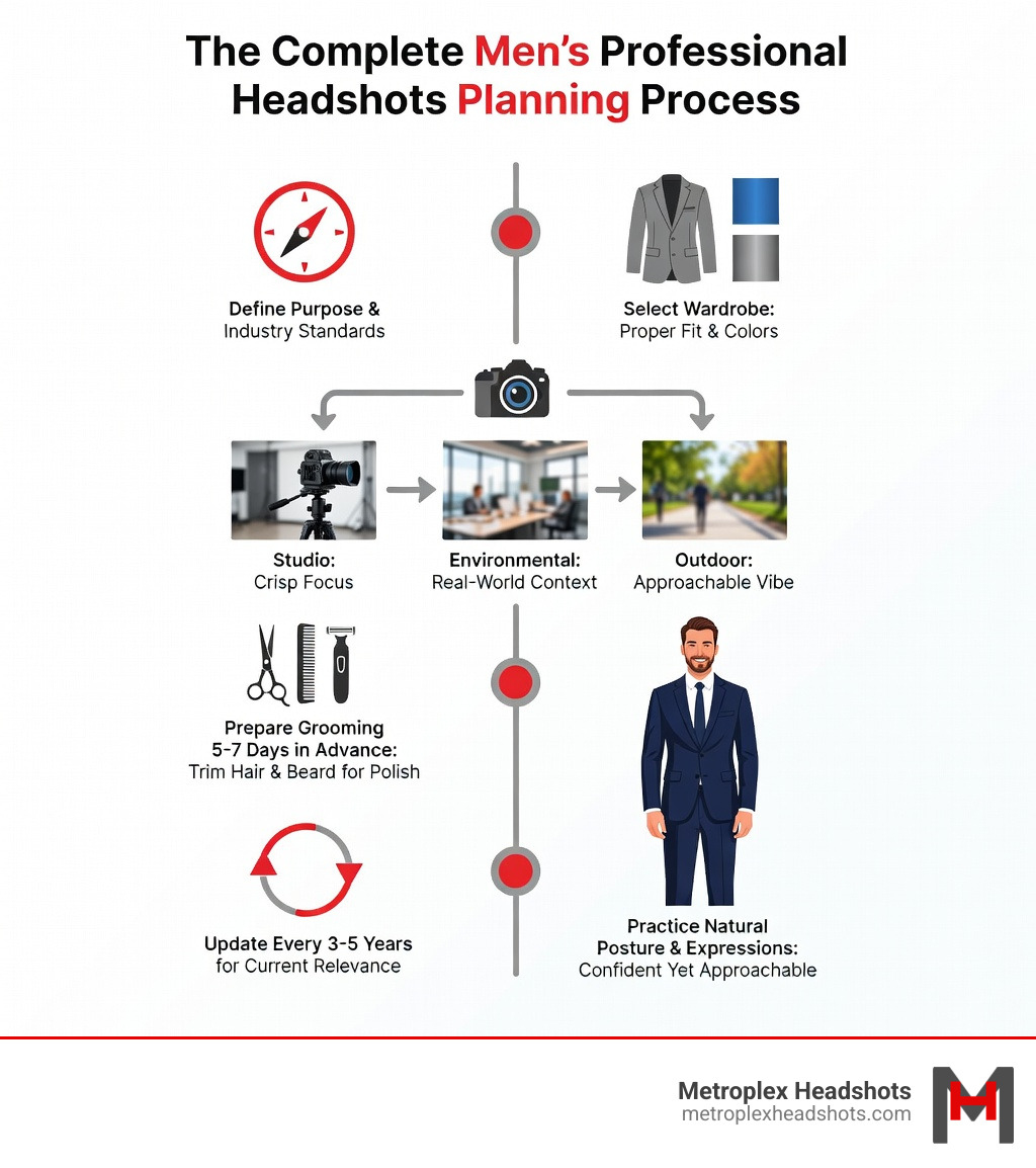 Infographic showing the complete mens professional headshots planning process: Define your purpose and industry standards, select appropriate wardrobe with proper fit and colors (blues for trust, grays for sophistication), choose background type (studio for focus, environmental for context, outdoor for approachability), prepare grooming 5-7 days in advance, practice natural posture and expressions, and update every 3-5 years - mens professional headshots infographic 
