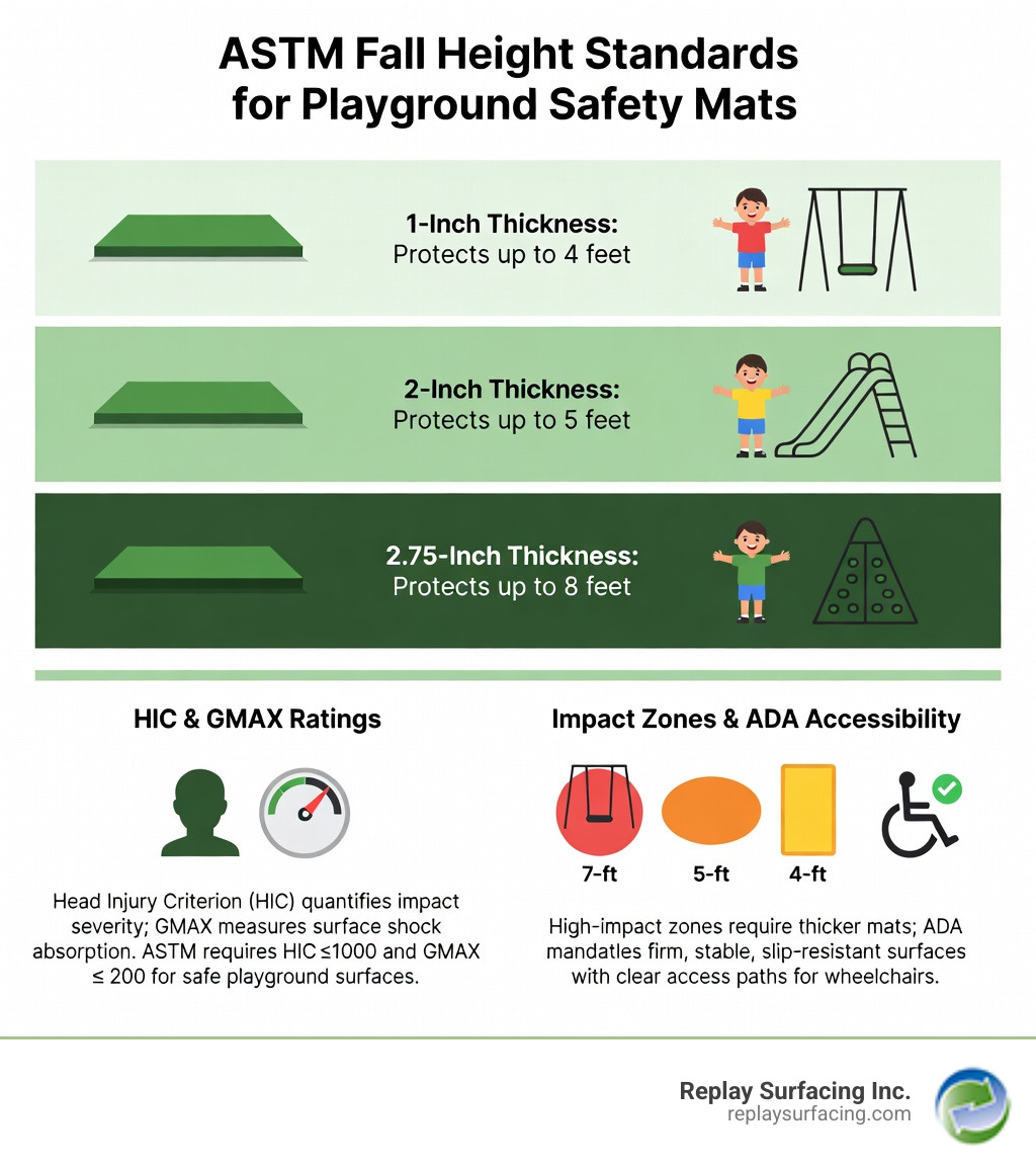 Infographic showing ASTM fall height standards for playground safety mats: 1-inch thickness protects up to 4 feet, 2-inch up to 5 feet, 2.75-inch up to 8 feet; includes HIC and GMAX ratings, impact zones under swings and slides, and ADA accessibility requirements - playground safety mats infographic Infographic showing ASTM fall height standards for playground safety mats: 1-inch thickness protects up to 4 feet, 2-inch up to 5 feet, 2.75-inch up to 8 feet; includes HIC and GMAX ratings, impact zones under swings and slides, and ADA accessibility requirements - playground safety mats infographic
