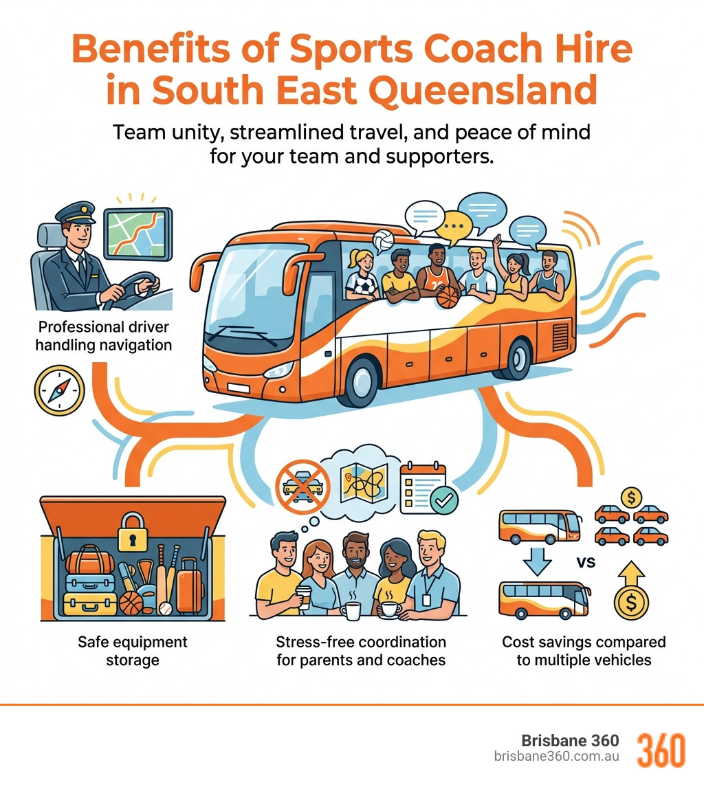 Infographic showing the benefits of sports coach hire in South East Queensland: team unity during travel, professional driver handling navigation, safe equipment storage, cost savings compared to multiple vehicles, and stress-free coordination for parents and coaches - Sports coach hire infographic 