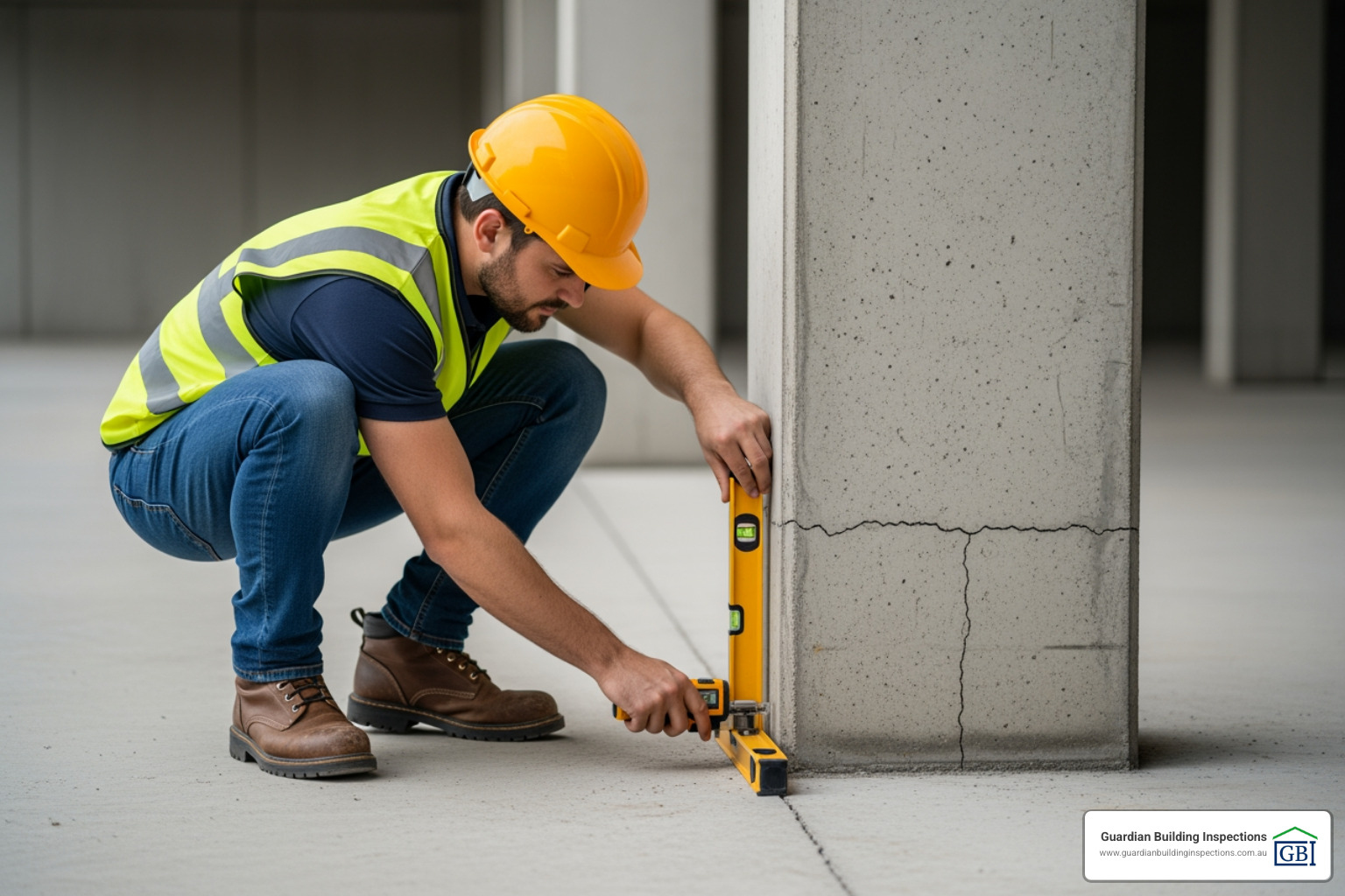 Guardian inspector assessing a building foundation for structural integrity - commercial building inspections in Melbourne Guardian inspector assessing a building foundation for structural integrity - commercial building inspections in Melbourne