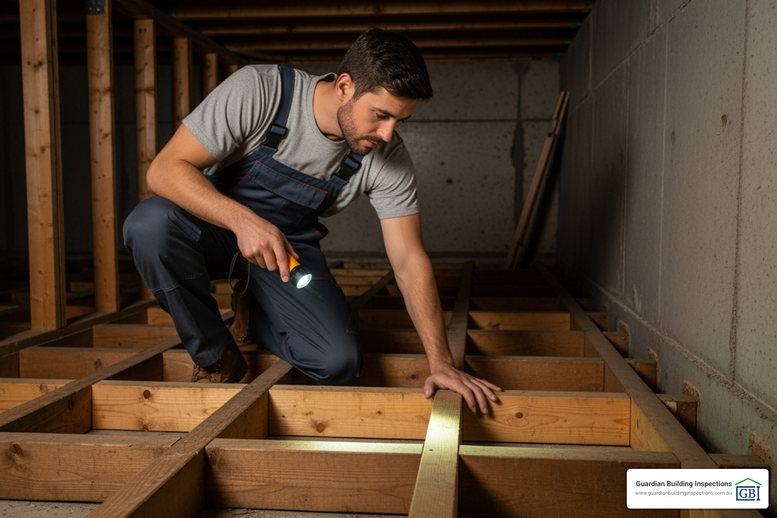 professional inspector examining a subfloor with a torch to check for structural integrity and dampness - building inspection dandenong