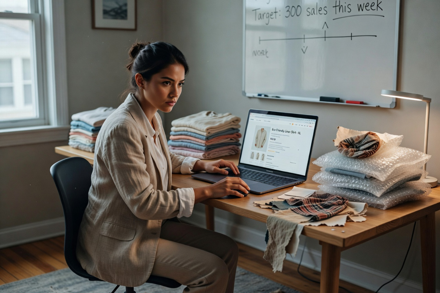 An online seller putting up products in an ecommerce store.