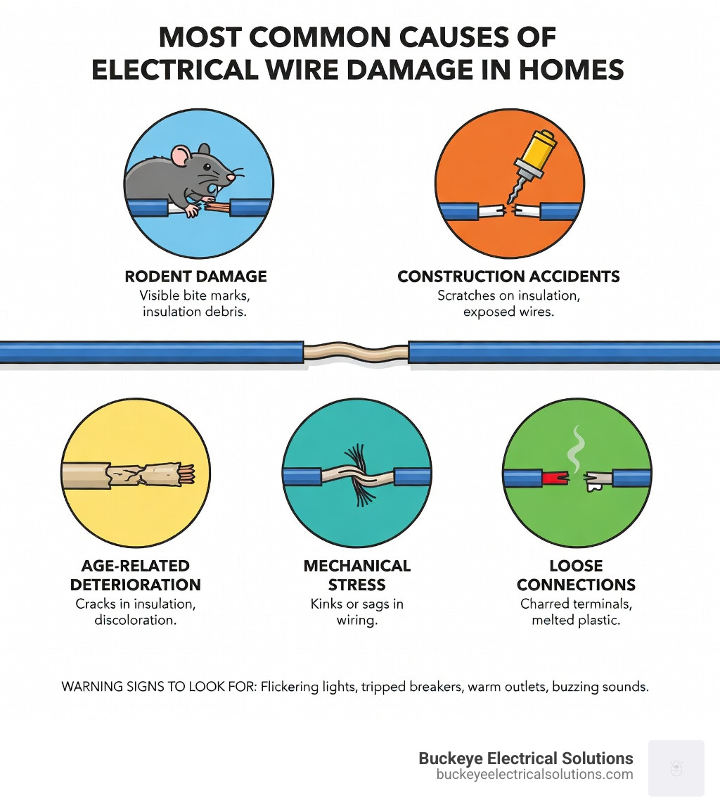 Infographic showing the most common causes of electrical wire damage in homes: rodent damage (rats and mice chewing through insulation), construction accidents (drywall routers and drills), age-related deterioration (brittle insulation crumbling), mechanical stress (wires bent or pulled repeatedly), and loose connections (overheating terminals). Each cause is illustrated with a simple icon and brief description of the warning signs to look for. - electrical wire repair infographic 