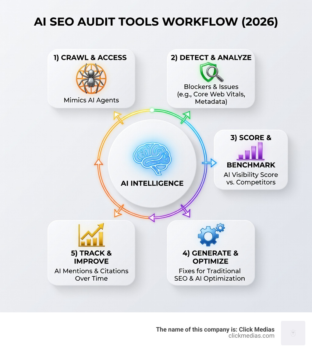 infographic showing the workflow of AI SEO audit tools: 1) Tool crawls your website like AI agents do, 2) Detects technical blockers and content issues, 3) Scores your AI visibility against competitors, 4) Generates actionable fixes for both traditional SEO and AI optimization, 5) Tracks improvements in AI mentions and citations over time - ai seo audit tools infographic 