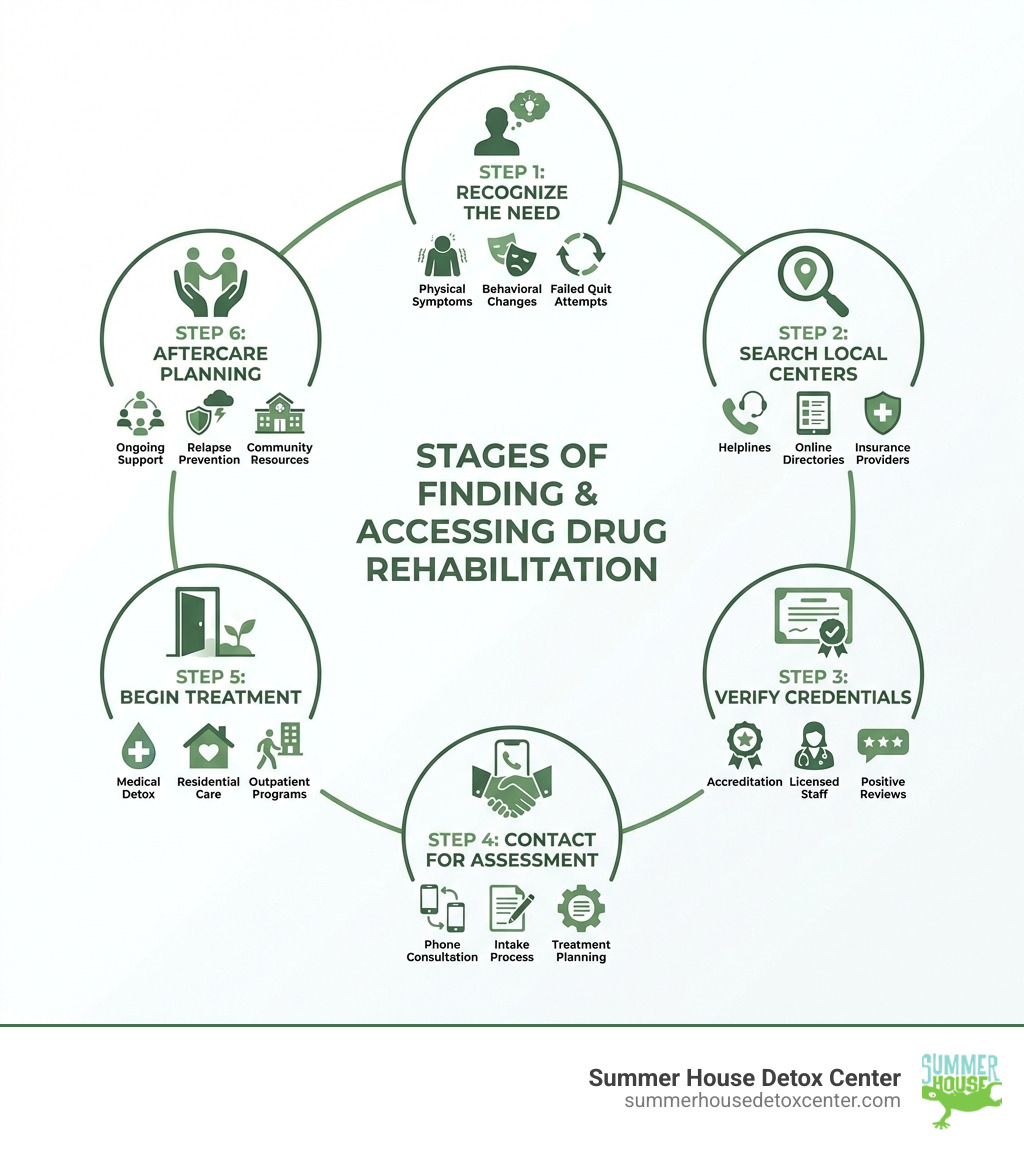 Infographic showing the stages of finding and accessing drug rehabilitation: Step 1 - Recognize the need for help (physical symptoms, behavioral changes, failed quit attempts); Step 2 - Search for local centers (helplines, online directories, insurance providers); Step 3 - Verify credentials (accreditation, licensed staff, positive reviews); Step 4 - Contact for assessment (phone consultation, intake process, treatment planning); Step 5 - Begin treatment (medical detox, residential care, or outpatient programs); Step 6 - Aftercare planning (ongoing support, relapse prevention, community resources) - drug rehabilitation center near me infographic 