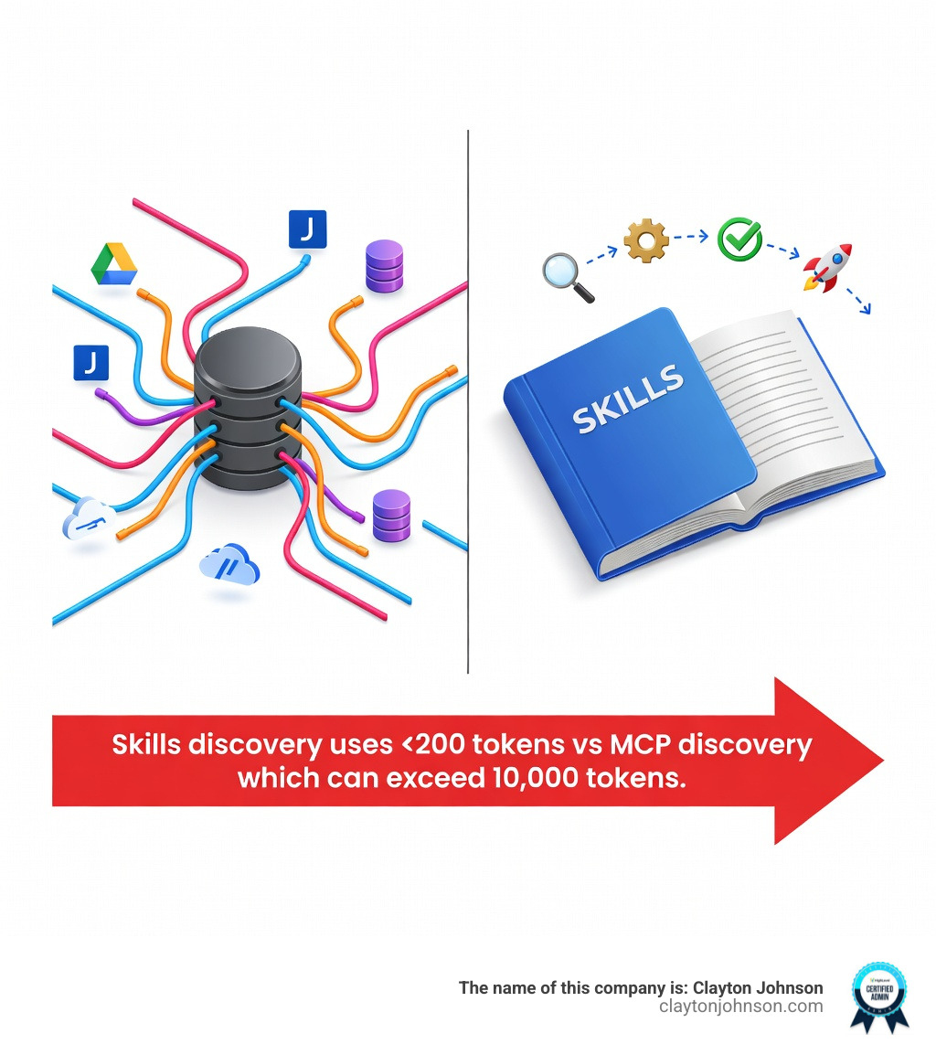Infographic comparing MCP vs Skills: MCP shown as a complex network of connectors; Skills shown as a neat book of executable workflows. Key stat: Skills discovery uses <200 tokens vs MCP discovery which can exceed 10,000 tokens. - Claude coding skills infographic 
