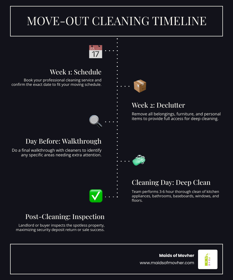 Infographic showing move-out cleaning timeline: Week 1 - Schedule cleaning company and confirm date; Week 2 - Remove all belongings and furniture; Day Before - Final walkthrough with cleaners; Cleaning Day - Professional team performs 3-6 hour deep clean of kitchen appliances, bathrooms, baseboards, windows, and floors; After Cleaning - Landlord inspection and security deposit return - move out cleaning services company in spokane valley, wa infographic infographic-line-5-steps-dark Infographic showing move-out cleaning timeline: Week 1 - Schedule cleaning company and confirm date; Week 2 - Remove all belongings and furniture; Day Before - Final walkthrough with cleaners; Cleaning Day - Professional team performs 3-6 hour deep clean of kitchen appliances, bathrooms, baseboards, windows, and floors; After Cleaning - Landlord inspection and security deposit return - move out cleaning services company in spokane valley, wa infographic infographic-line-5-steps-dark