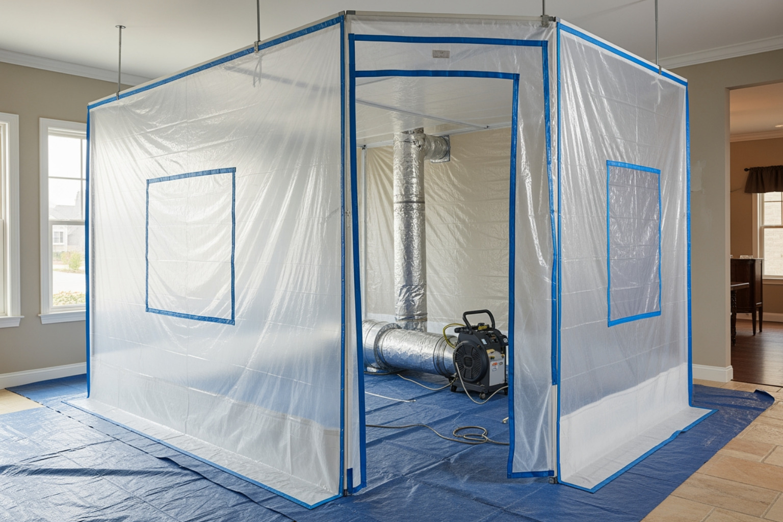 Containment Barrier Made Of Plastic Sheeting With A Negative Air Pressure Machine - Expert Mold Cleanup Containment Barrier Made Of Plastic Sheeting With A Negative Air Pressure Machine - Expert Mold Cleanup