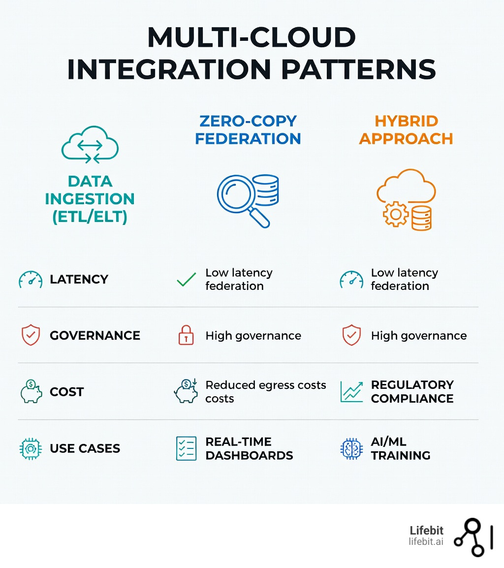 Infographic comparing multi-cloud integration patterns: shows three columns labeled Data Ingestion, Zero-Copy Federation, and Hybrid Approach, with rows for latency, governance, cost, and use cases such as regulatory compliance, real-time dashboards, and AI/ML training - multi cloud data integration infographic Infographic comparing multi-cloud integration patterns: shows three columns labeled Data Ingestion, Zero-Copy Federation, and Hybrid Approach, with rows for latency, governance, cost, and use cases such as regulatory compliance, real-time dashboards, and AI/ML training - multi cloud data integration infographic