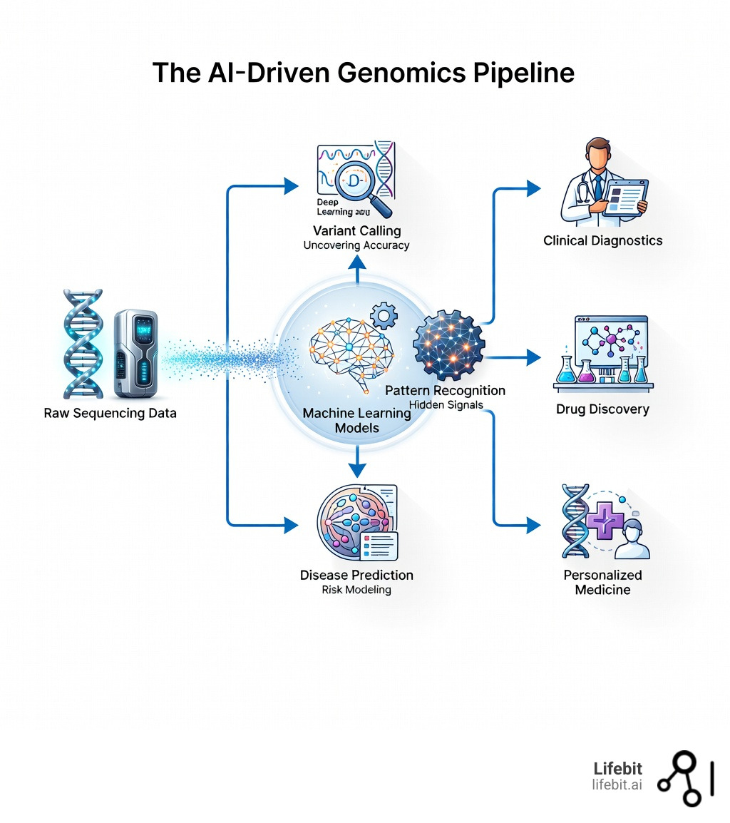 Infographic showing the AI in genomics pipeline: Raw sequencing data flows through machine learning models for variant calling, pattern recognition, and disease prediction, then outputs to clinical diagnostics, drug discovery, and personalized medicine applications. Includes icons for DNA strands, neural networks, and medical treatments. - ai in genomics infographic 