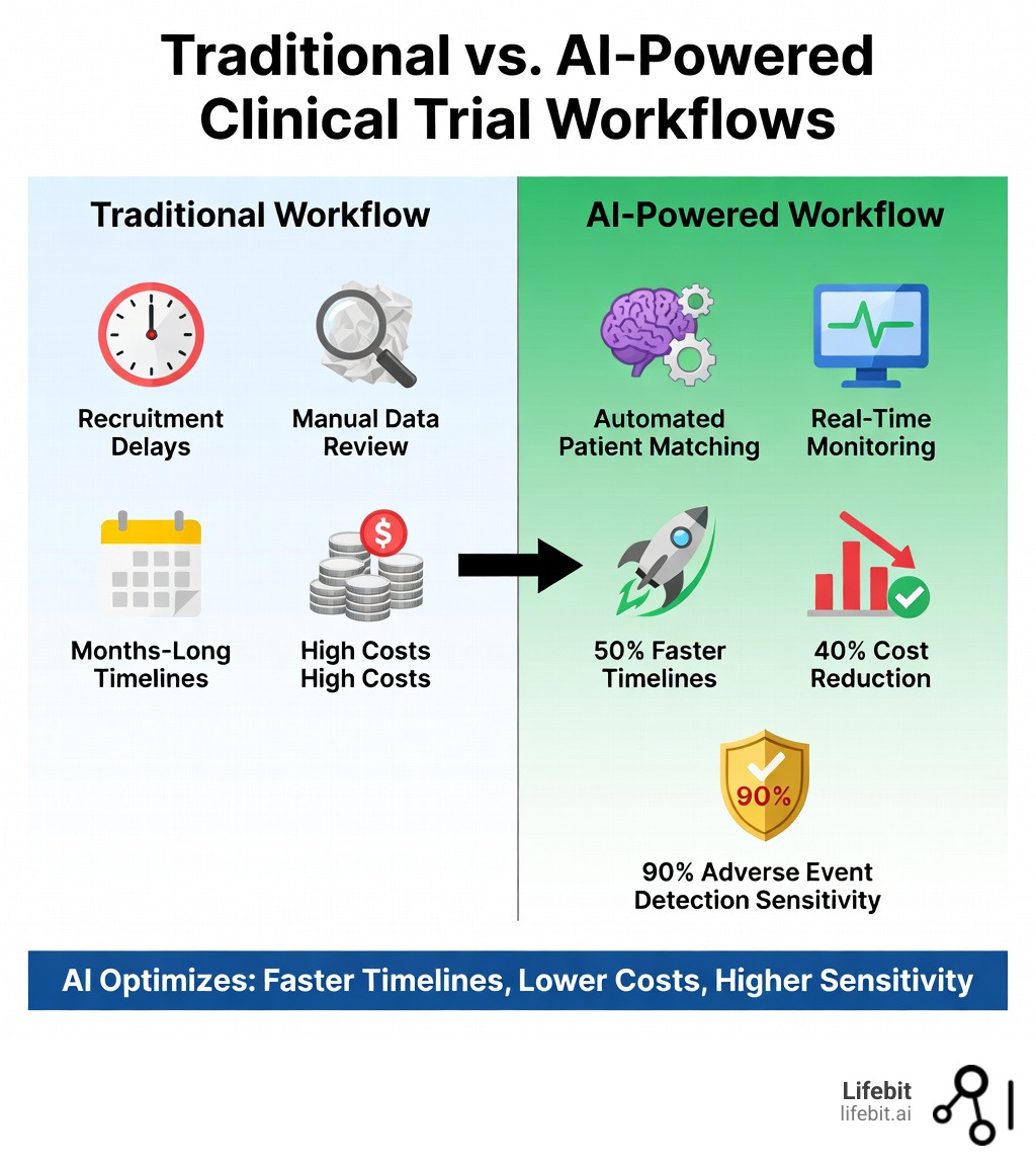 Infographic comparing traditional clinical trial workflows (recruitment delays, manual data review, months-long timelines, high costs) versus AI-powered workflows (automated patient matching, real-time monitoring, 50% faster timelines, 40% cost reduction, 90% adverse event detection sensitivity) - Clinical trials AI infographic Infographic comparing traditional clinical trial workflows (recruitment delays, manual data review, months-long timelines, high costs) versus AI-powered workflows (automated patient matching, real-time monitoring, 50% faster timelines, 40% cost reduction, 90% adverse event detection sensitivity) - Clinical trials AI infographic
