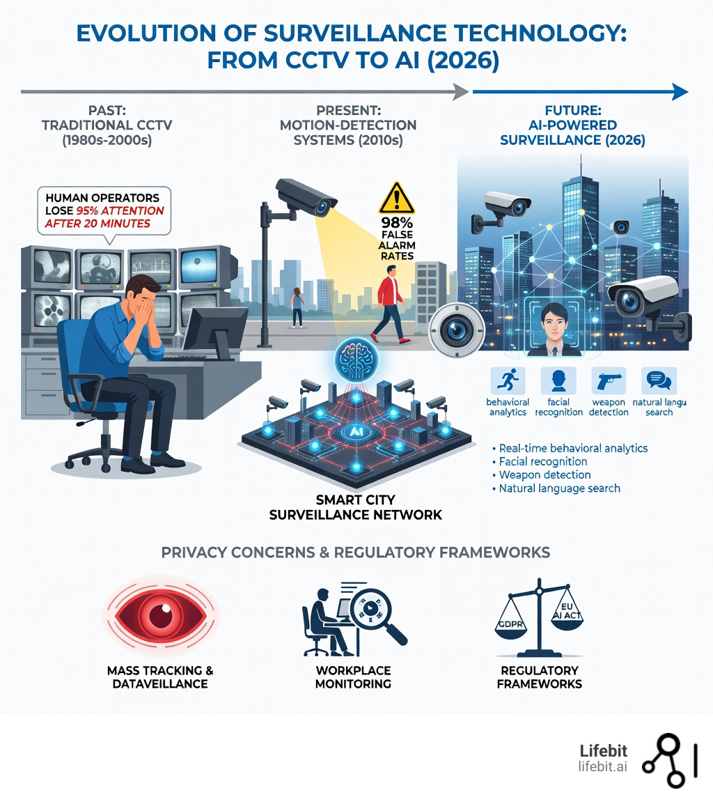 Infographic showing the evolution of surveillance technology from traditional CCTV with human operators losing 95% attention after 20 minutes, to motion-detection systems with 98% false alarm rates, to modern AI-powered surveillance with real-time behavioral analytics, facial recognition, weapon detection, and natural language search capabilities, alongside privacy concerns including mass tracking, dataveillance, workplace monitoring, and regulatory frameworks like GDPR and EU AI Act - AI powered surveillance infographic Infographic showing the evolution of surveillance technology from traditional CCTV with human operators losing 95% attention after 20 minutes, to motion-detection systems with 98% false alarm rates, to modern AI-powered surveillance with real-time behavioral analytics, facial recognition, weapon detection, and natural language search capabilities, alongside privacy concerns including mass tracking, dataveillance, workplace monitoring, and regulatory frameworks like GDPR and EU AI Act - AI powered surveillance infographic