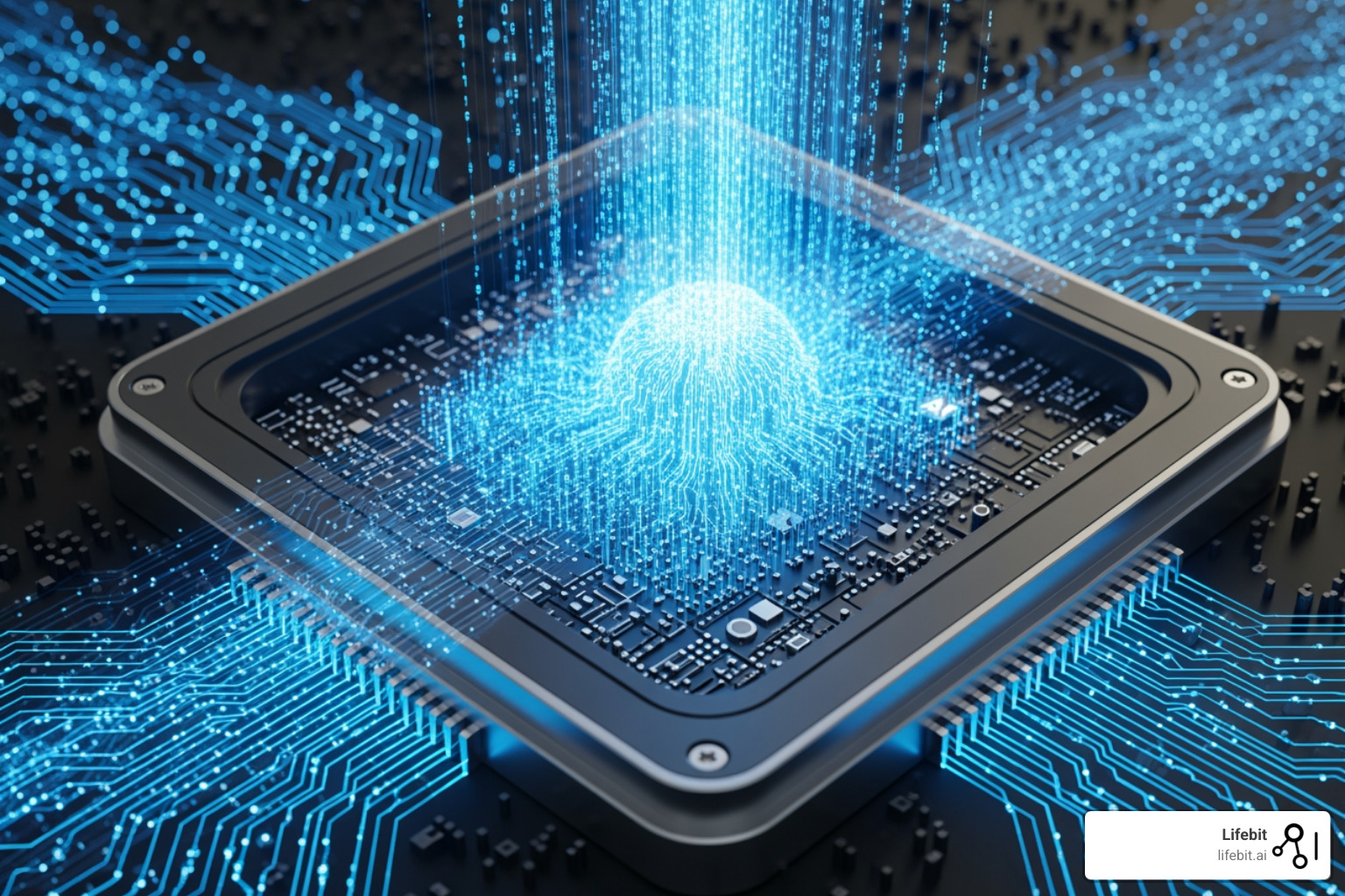 High-speed data processor symbolizing the rapid movement of genomic data through AI models - AI for genomics