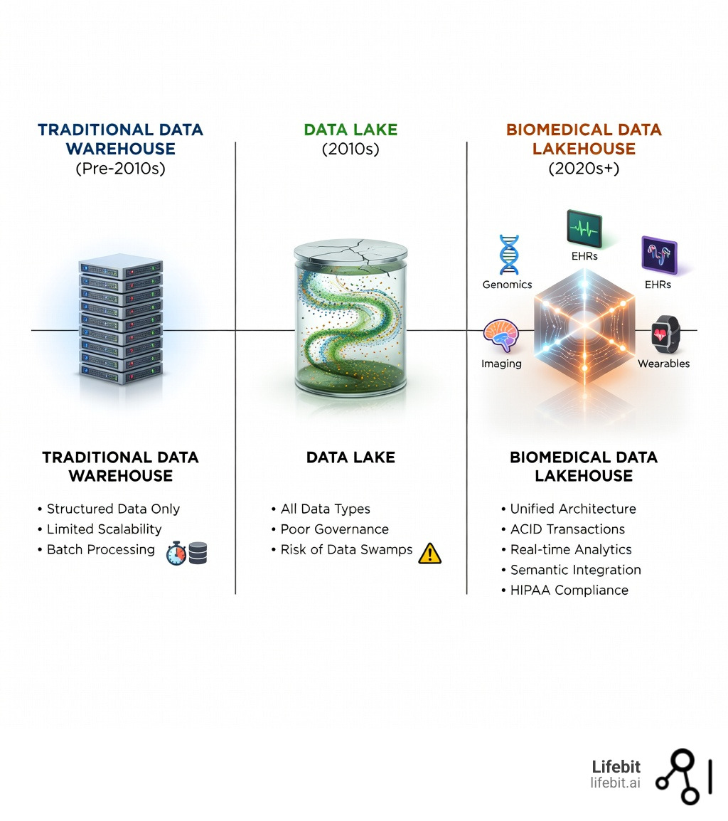 Infographic showing the evolution from traditional data warehouses (structured data only, limited scalability, batch processing) to data lakes (all data types but poor governance, risk of data swamps) to biomedical data lakehouses (unified architecture with ACID transactions, real-time analytics, semantic integration, HIPAA compliance, and support for genomics, EHRs, imaging, and wearables) - biomedical data lakehouse infographic Infographic showing the evolution from traditional data warehouses (structured data only, limited scalability, batch processing) to data lakes (all data types but poor governance, risk of data swamps) to biomedical data lakehouses (unified architecture with ACID transactions, real-time analytics, semantic integration, HIPAA compliance, and support for genomics, EHRs, imaging, and wearables) - biomedical data lakehouse infographic