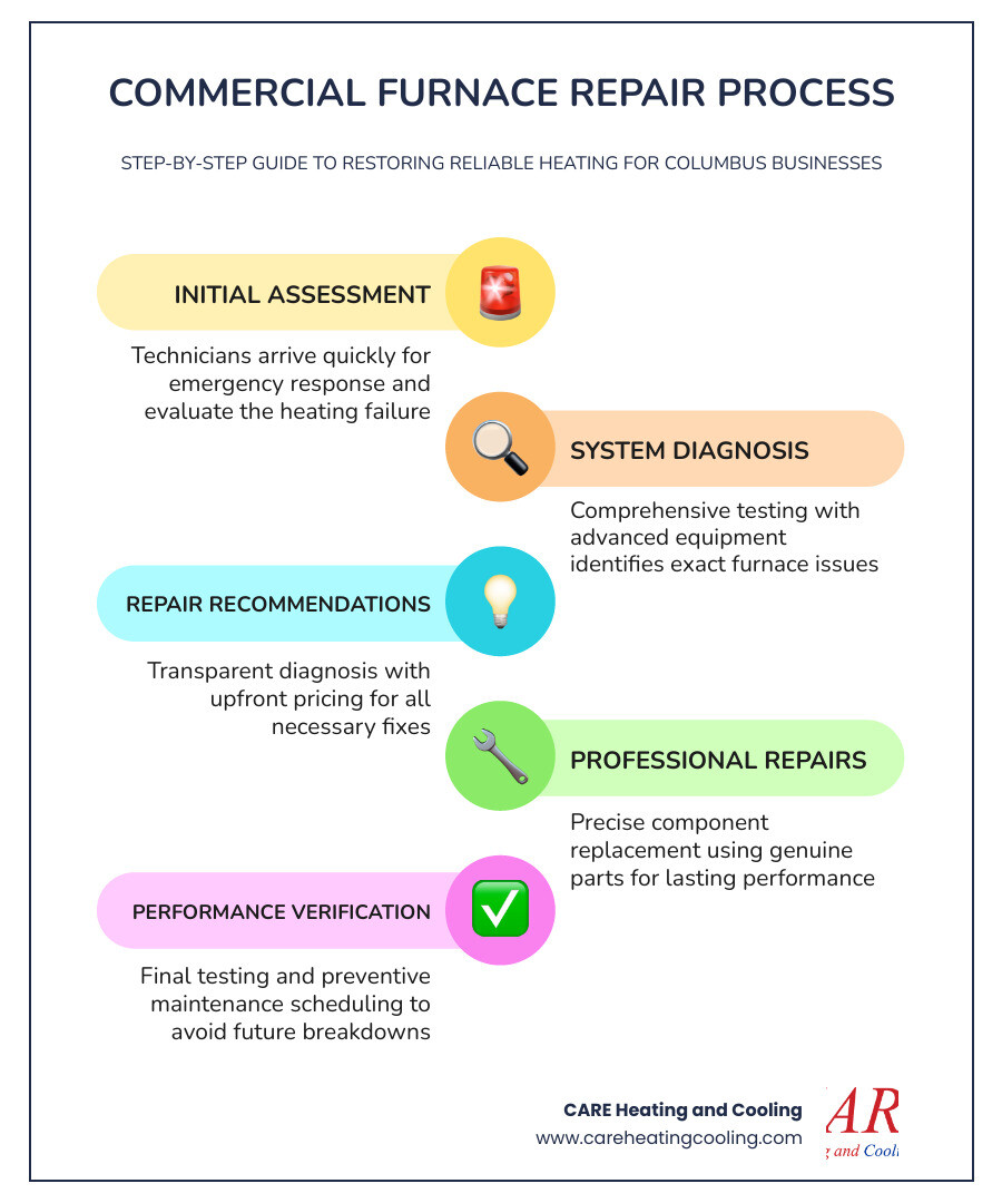 Infographic showing the commercial furnace repair process: Initial assessment and emergency response, comprehensive system diagnosis with advanced equipment, transparent repair recommendations with upfront pricing, professional repairs using genuine parts, follow-up support and preventive maintenance scheduling - commercial furnace repair in columbus, oh infographic infographic-line-5-steps-colors Infographic showing the commercial furnace repair process: Initial assessment and emergency response, comprehensive system diagnosis with advanced equipment, transparent repair recommendations with upfront pricing, professional repairs using genuine parts, follow-up support and preventive maintenance scheduling - commercial furnace repair in columbus, oh infographic infographic-line-5-steps-colors