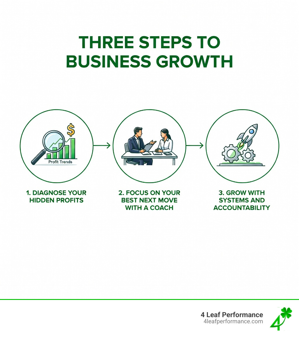 infographic showing three steps to business growth: diagnose your hidden profits, focus on your best next move with a coach, and grow with systems and accountability - business coaching workbook pdf infographic 