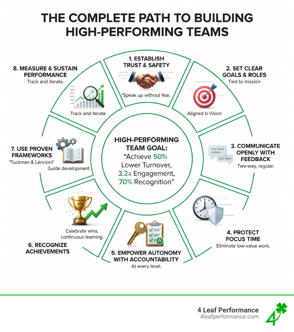 infographic showing the complete path to building high performing teams: establish trust and safety, set clear goals and roles, communicate openly with feedback, protect focus time, empower autonomy with accountability, recognize achievements, use proven frameworks, measure and sustain performance - Build high performing teams infographic infographic showing the complete path to building high performing teams: establish trust and safety, set clear goals and roles, communicate openly with feedback, protect focus time, empower autonomy with accountability, recognize achievements, use proven frameworks, measure and sustain performance - Build high performing teams infographic