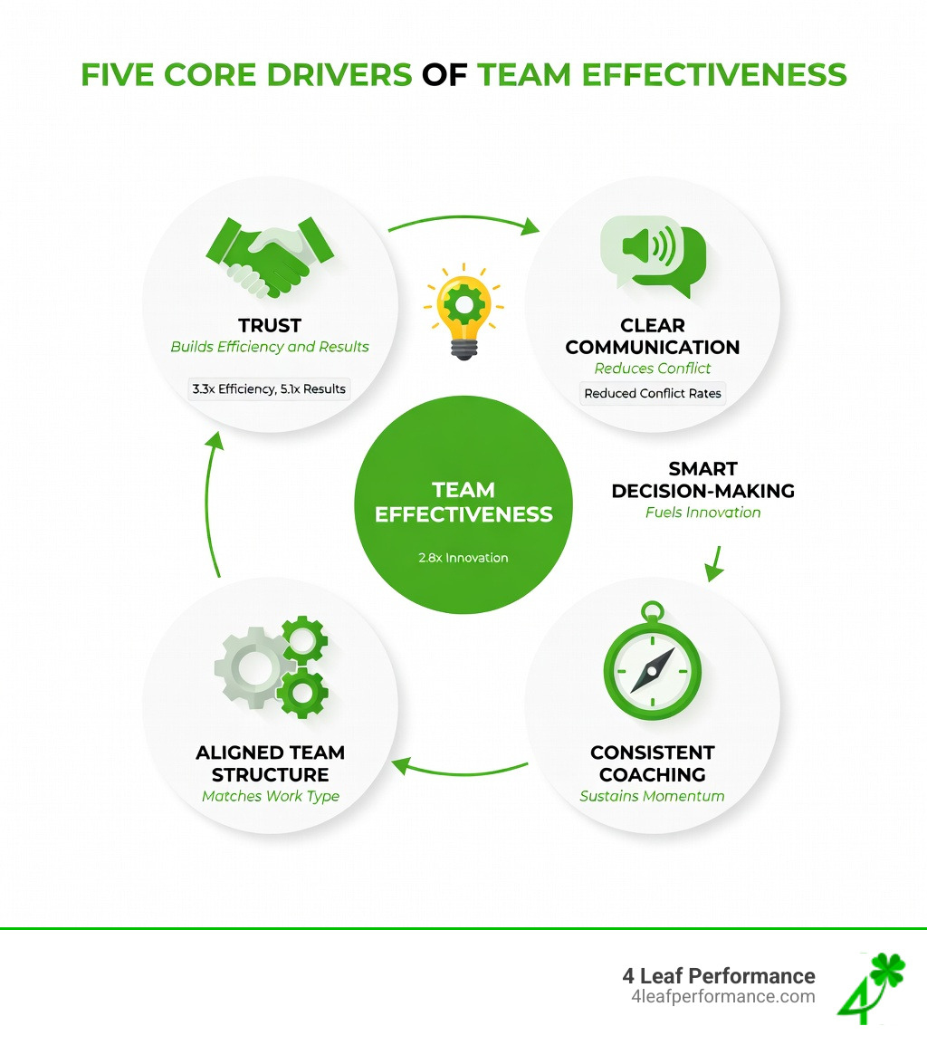 infographic showing the five core drivers of team effectiveness: trust builds efficiency and results, clear communication reduces conflict, smart decision-making fuels innovation, aligned team structure matches work type, and consistent coaching sustains momentum - Effective team leadership infographic 