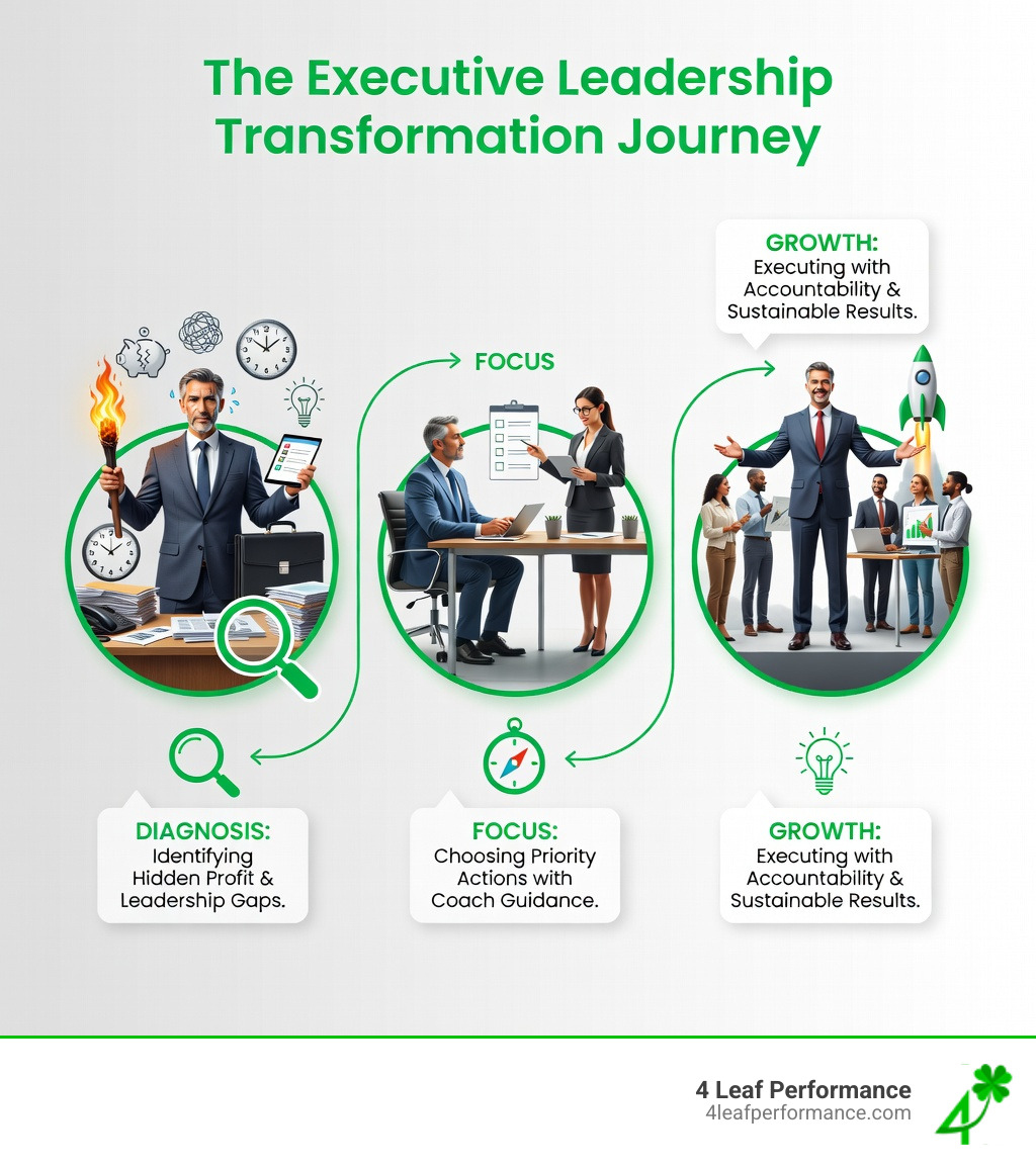 Infographic showing the journey from overwhelmed business owner juggling multiple responsibilities to confident leader with clear systems, including stages: Diagnosis (identifying hidden profit and leadership gaps), Focus (choosing priority actions with coach guidance), and Growth (executing with accountability and sustainable results) - executive education leadership development infographic 