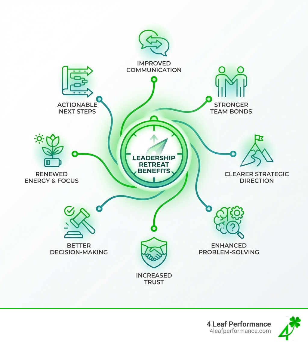 infographic showing benefits of leadership retreats including improved communication, stronger team bonds, clearer strategic direction, enhanced problem-solving skills, increased trust, better decision-making, renewed energy and focus, and actionable next steps - activities for leadership retreats infographic 