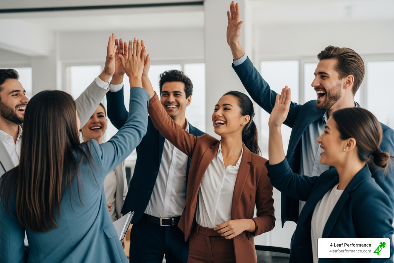 a group of diverse team members high-fiving and celebrating a win in a bright office - building cohesive teams