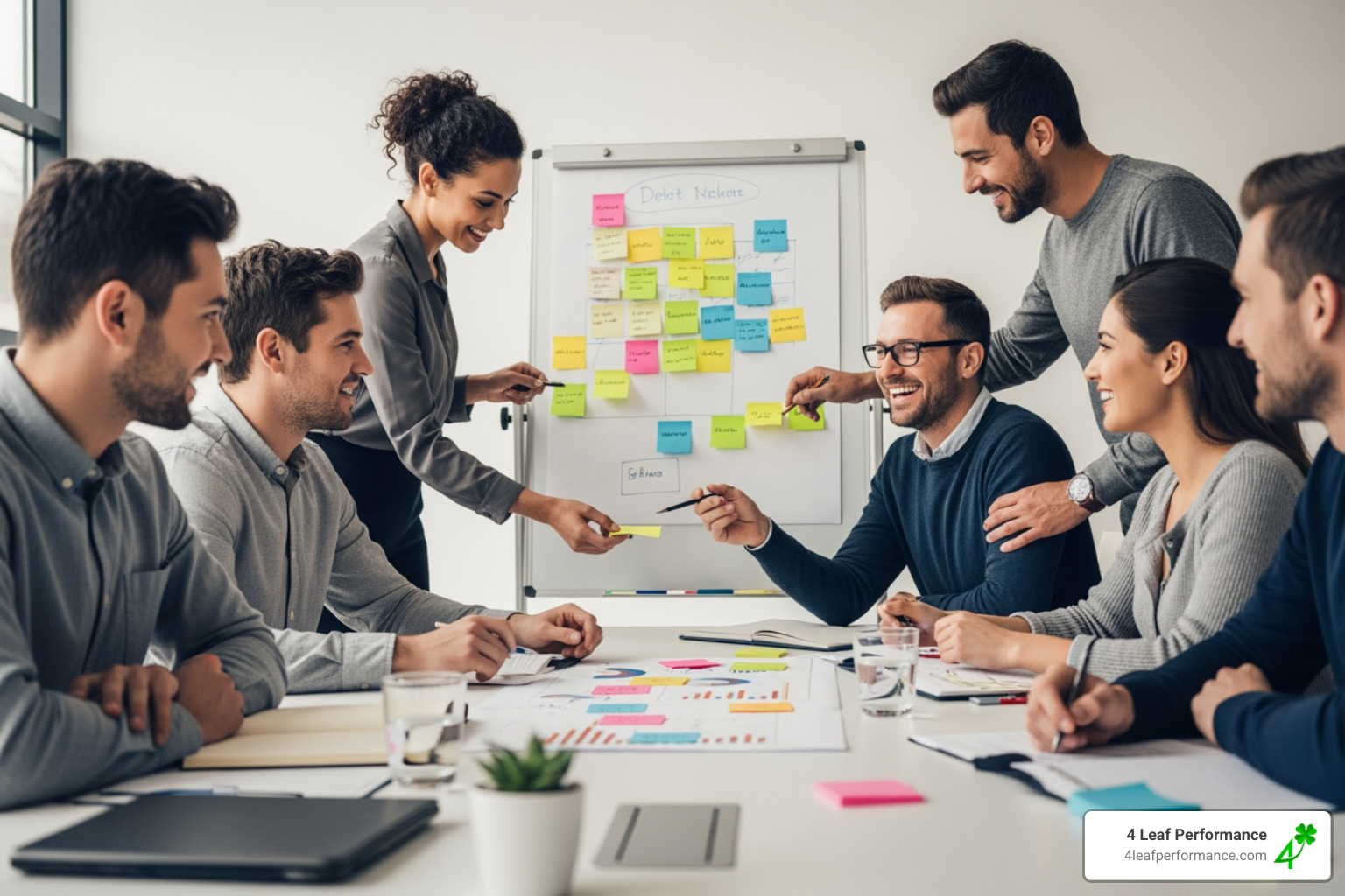a team standing around a table planning a project with colorful sticky notes - building cohesive teams