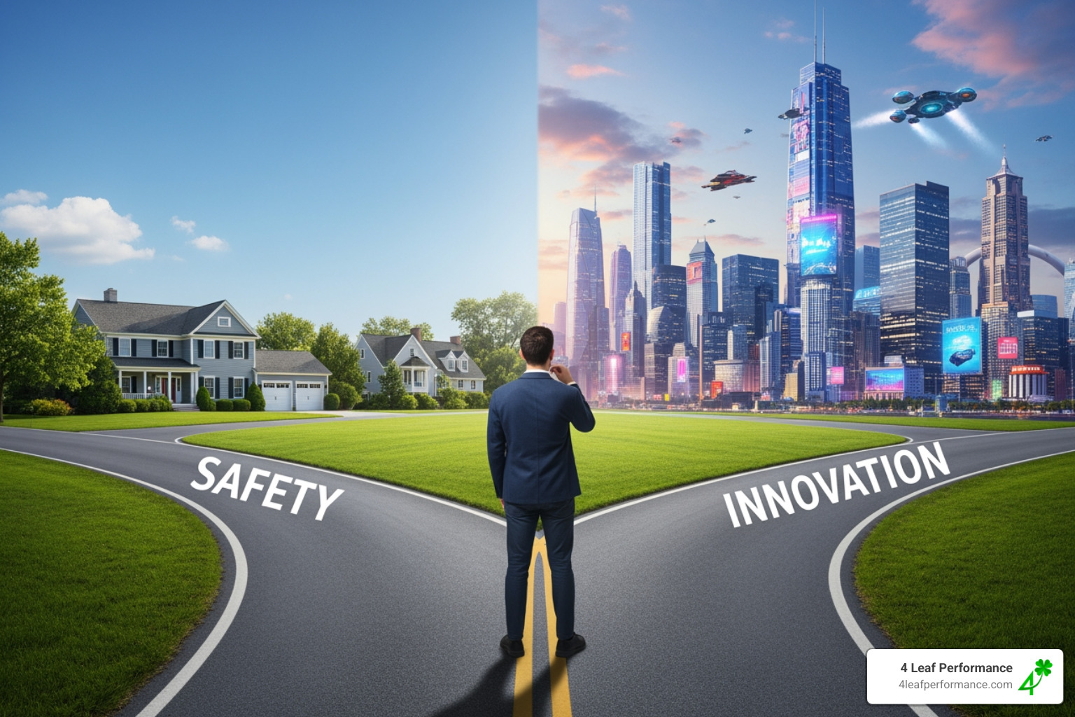 A person standing at a fork in the road, choosing between a path labeled 'Safety' and a path labeled 'Innovation' - Executive strategic planning A person standing at a fork in the road, choosing between a path labeled 'Safety' and a path labeled 'Innovation' - Executive strategic planning