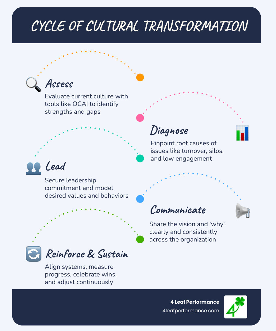 infographic showing cycle of cultural transformation with assess diagnose lead communicate reinforce sustain - cultural transformation strategy infographic infographic-line-5-steps-blues-accent_colors