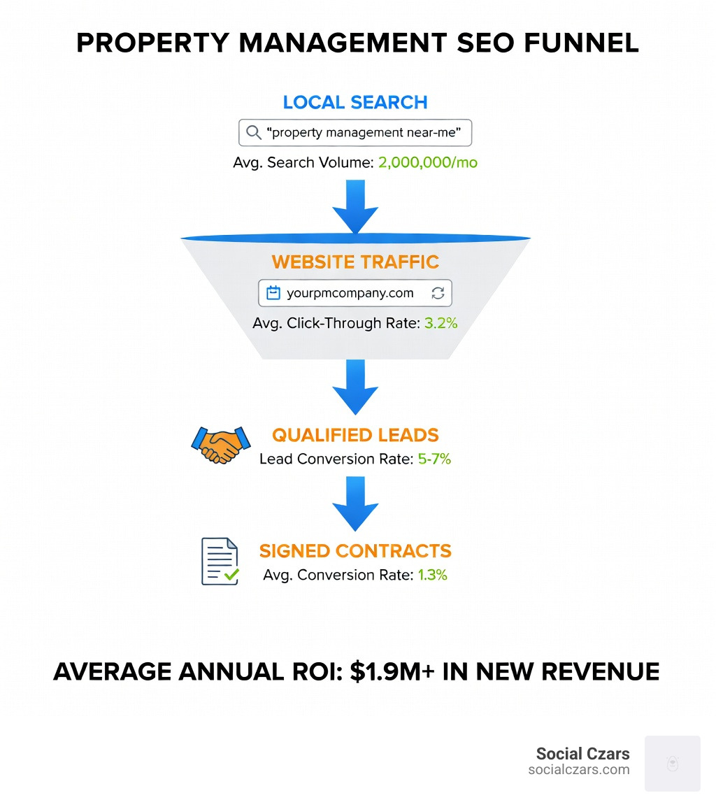 infographic showing the property management SEO funnel from local search to qualified lead to signed contract, with metrics at each stage including average search volume, click-through rates, and typical conversion rates for property management services - seo companies for property management infographic 