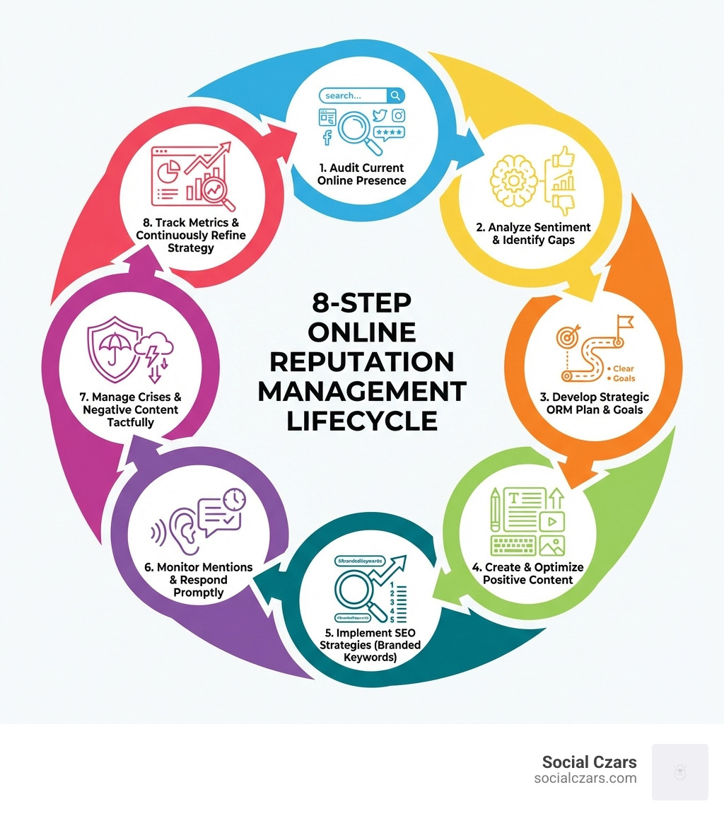 Infographic showing the 8-step online reputation management lifecycle: 1. Audit current online presence and search results, 2. Analyze sentiment and identify reputation gaps, 3. Develop strategic ORM plan with clear goals, 4. Create and optimize positive content, 5. Implement SEO strategies for branded keywords, 6. Monitor mentions and respond to feedback promptly, 7. Manage crises and negative content tactfully, 8. Track metrics and continuously refine strategy - brand online reputation management infographic 