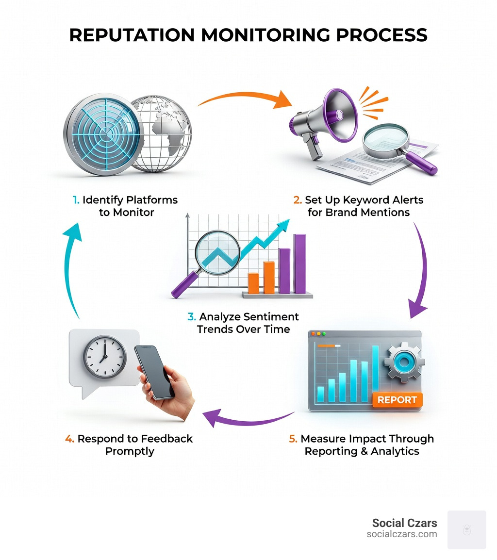 infographic showing the reputation monitoring process: identify platforms to monitor, set up keyword alerts for brand mentions, analyze sentiment trends over time, respond to feedback promptly, measure impact through reporting and analytics - reputation management monitoring infographic 