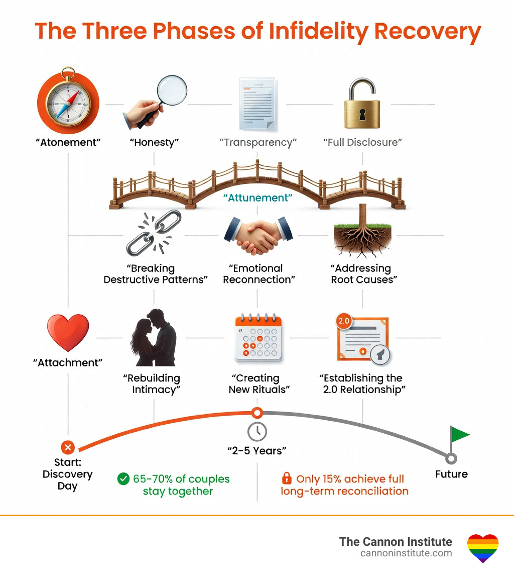 Infographic showing the three phases of infidelity recovery: Phase 1 - Atonement (honesty, transparency, full disclosure), Phase 2 - Attunement (breaking destructive patterns, emotional reconnection, addressing root causes), and Phase 3 - Attachment (rebuilding intimacy, creating new rituals, establishing the 2.0 relationship). Timeline shows 2-5 years average recovery period with 65-70% of couples staying together but only 15% achieving full long-term reconciliation. - hope after cheating infidelity infographic 