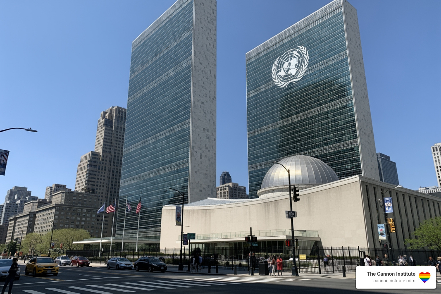 United Nations headquarters in New York City representing international human rights standards - pro LGBTQ rights, pro human rights, pro sexual rights.