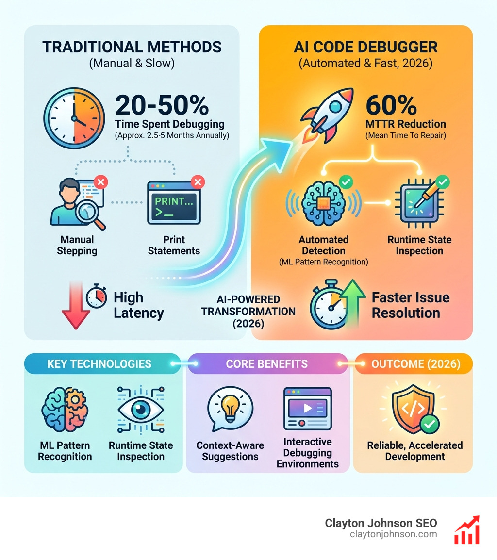 Infographic showing the hidden costs of software bugs: developers spend 20-50% of their time debugging (2.5-5 months annually), traditional methods rely on manual stepping and print statements, AI debuggers offer automated detection with 60% MTTR reduction, key technologies include machine learning pattern recognition and runtime state inspection, and benefits include faster issue resolution, context-aware suggestions, and interactive debugging environments - ai code debugger infographic Infographic showing the hidden costs of software bugs: developers spend 20-50% of their time debugging (2.5-5 months annually), traditional methods rely on manual stepping and print statements, AI debuggers offer automated detection with 60% MTTR reduction, key technologies include machine learning pattern recognition and runtime state inspection, and benefits include faster issue resolution, context-aware suggestions, and interactive debugging environments - ai code debugger infographic