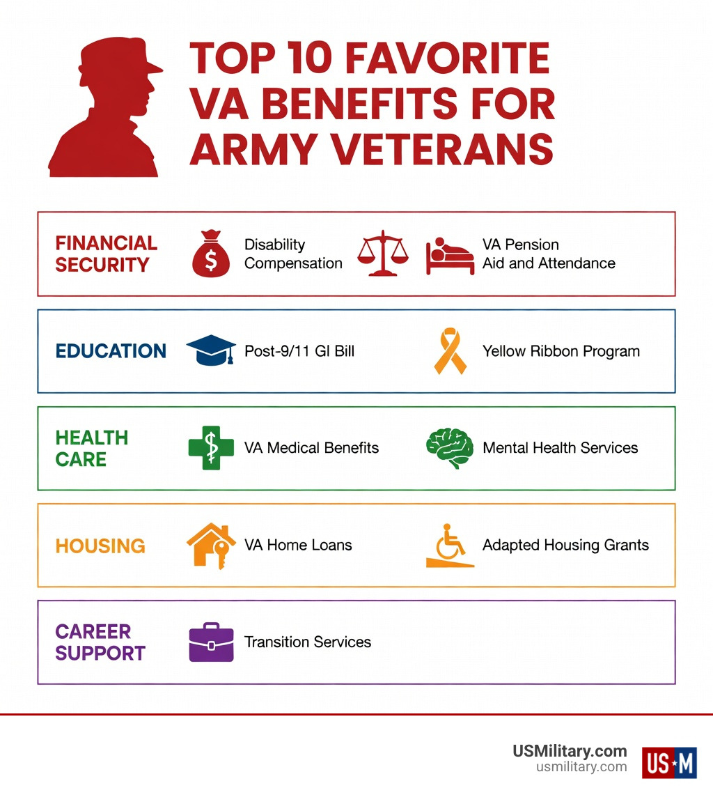 Infographic showing the 10 favorite VA benefits for Army veterans organized by category: Financial Security (Disability Compensation, VA Pension, Aid and Attendance), Education (Post-9/11 GI Bill, Yellow Ribbon Program), Health Care (VA Medical Benefits, Mental Health Services), Housing (VA Home Loans, Adapted Housing Grants), and Career Support (Transition Services) - Favorite VA Benefits For Army Veterans infographic 